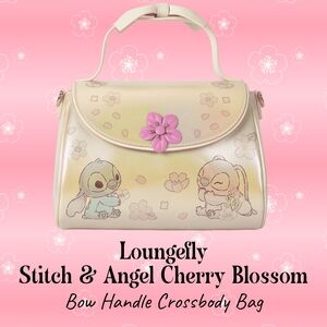 LOUNGEFLY Stitch & Angel Cherry Blossom Bow Handle Crossbody Bag